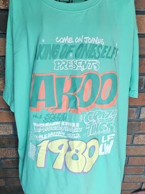 AKOO Graphic Teal Tee with Coral & Yellow Print